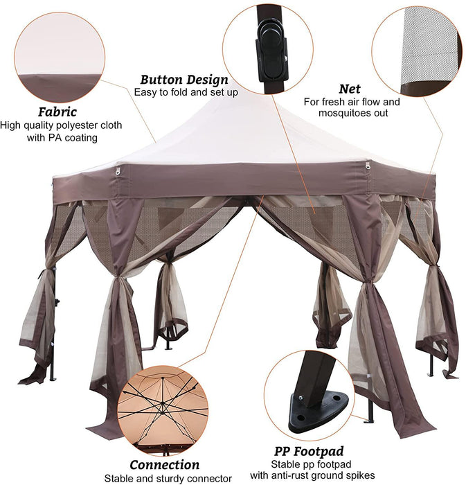 12' X 12' Gazebo with Mosquito Netting Outdoor Hexagonal Pop up Canopy Tent with Strong Iron Frame Storage Bag