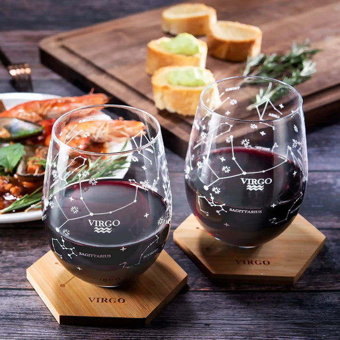 Set of 2 Zodiac Sign Wine Glasses with 2 Wooden Coasters by The Wine Savant - Astrology Drinking Glass Set with Etched Constellation Tumblers for Juice, Water Home Bar Horoscope Gifts 18oz (Virgo)