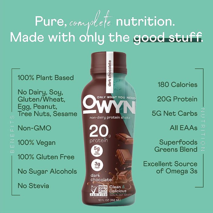OWYN - Plant-Based Protein Shake - Dark Chocolate - 12 Fl Oz. (Pack of 12)