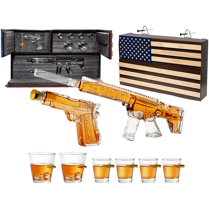 AR15 Whiskey Gun Decanter Flag Set - 1000ml Rifle & Pistol Set - Hanging Storage American Flag Gift Box & Bullet Glasses & Shot Glass, Great Gift for Army, Navy, Marines, Veterans & Gun Enthusiasts