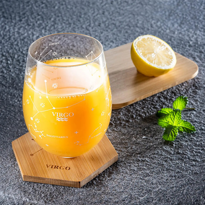 Set of 2 Zodiac Sign Wine Glasses with 2 Wooden Coasters by The Wine Savant - Astrology Drinking Glass Set with Etched Constellation Tumblers for Juice, Water Home Bar Horoscope Gifts 18oz (Virgo)