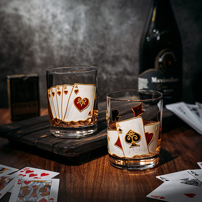 Playing Cards Drinking Glasses - Artisanal Hand Painted Players Casino Set of 2 Water, Wine & Whiskey Glasses - The Wine Savant - Crystal Glassware - Gift Idea for Him, Birthday, Housewarming - 12oz