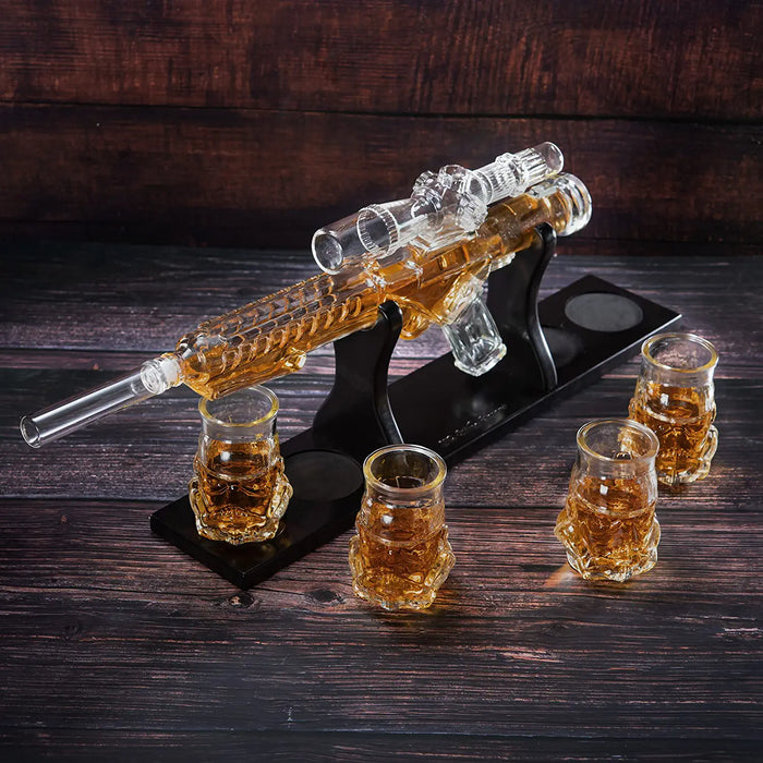 Blaster Force Gun Whiskey & Wine Decanter Set Glasses - Energized Particle Weaponry Elegant Decanter 24" - 4 Shot Glasses & Mahogany Wooden Base The Wine Savant (20 OZ) Gifts for Dad