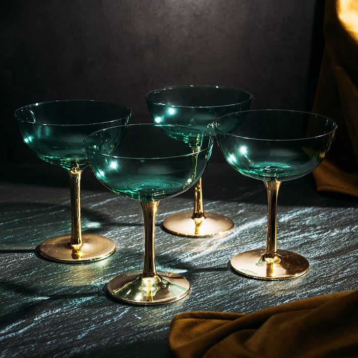 Colored Coupe Art Deco Glasses, Gold | Set of 4 | 8 oz (Green)