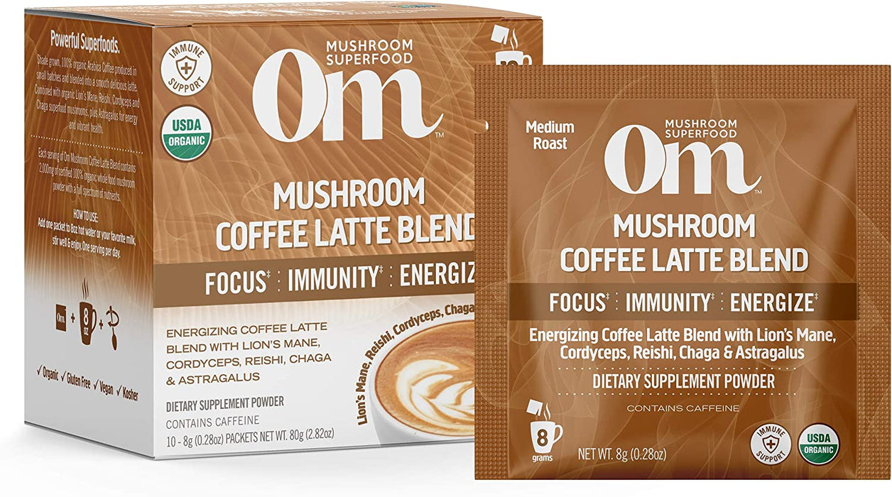 Om Mushroom Superfood Coffee Latte Blend Mushroom Powder, Single Serve, 10 Count, Lion's Mane, Cordyceps, Reishi, Chaga