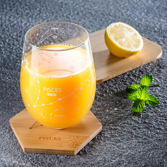 Set of 2 Zodiac Sign Wine Glasses with 2 Wooden Coasters by The Wine Savant - Astrology Drinking Glass Set with Etched Constellation Tumblers for Juice, Water Home Bar Horoscope Gifts 18oz (Pisces)