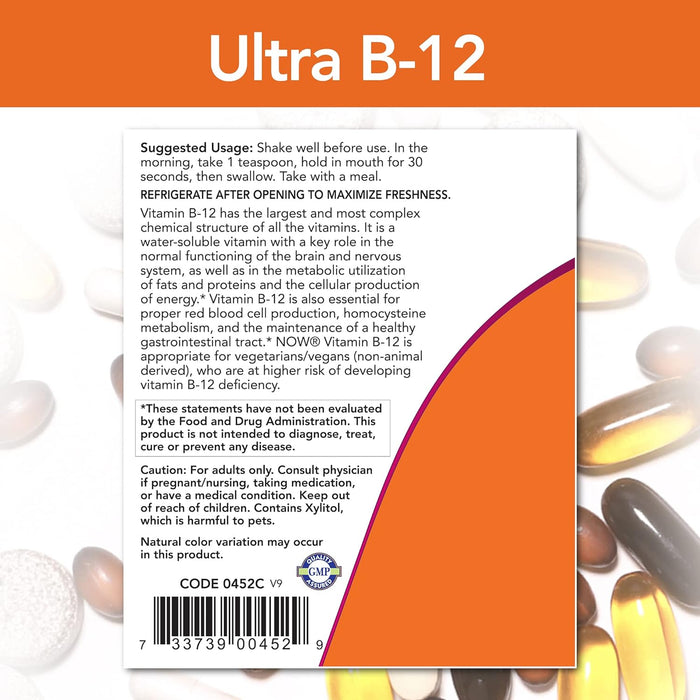 Now Foods Ultra B12 Liquid Complex - High-Potency Vitamin B12 Supplement for Energy and Nerve Health - 4 fl oz