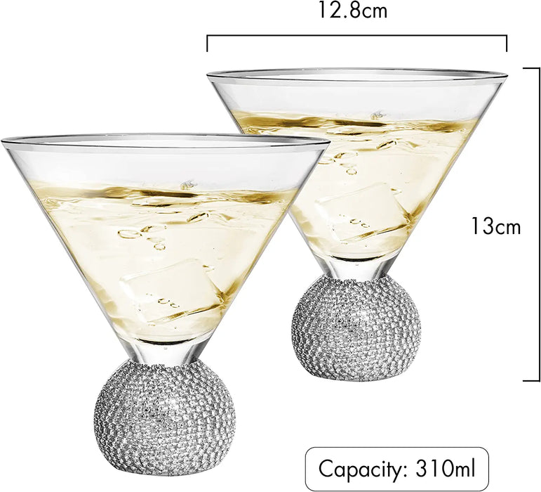 Diamond Studded Martini Glasses Set of 2 - The Wine Savant - Silver Rimmed Modern Cocktail Glass, Rhinestone Diamonds With Stemless Crystal Ball Base, Bar or Party 10.5oz, Swarovski Style Crystals