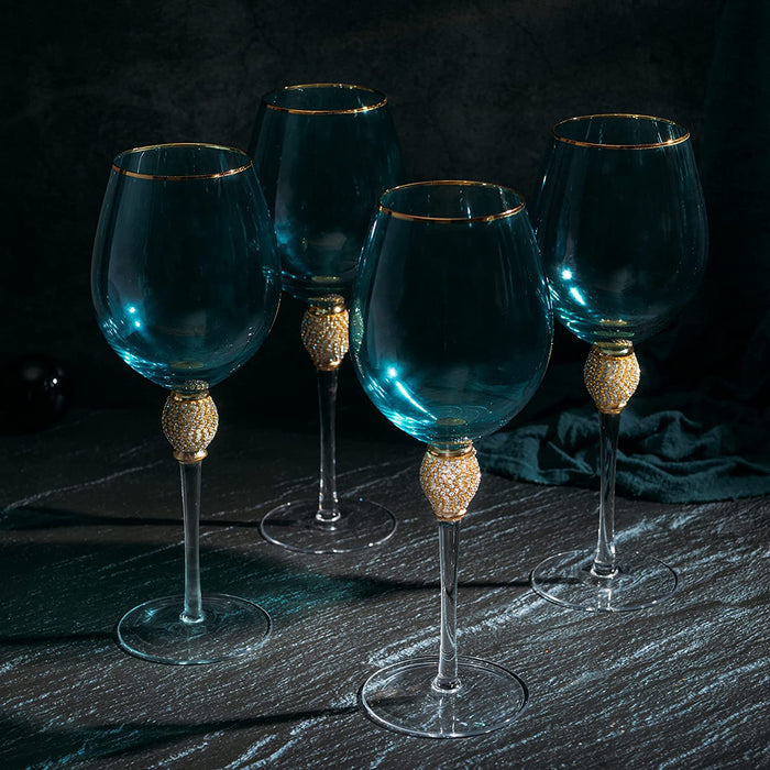 The Wine Savant Large Diamond Wine Glasses, 10" H Gold Rim Rhinestone Diamond Glasses - Wedding Glasses - 18 Ounce, Premium Designed Wine Glasses for Spirits and Wine, Gift Boxed (4, Blue)