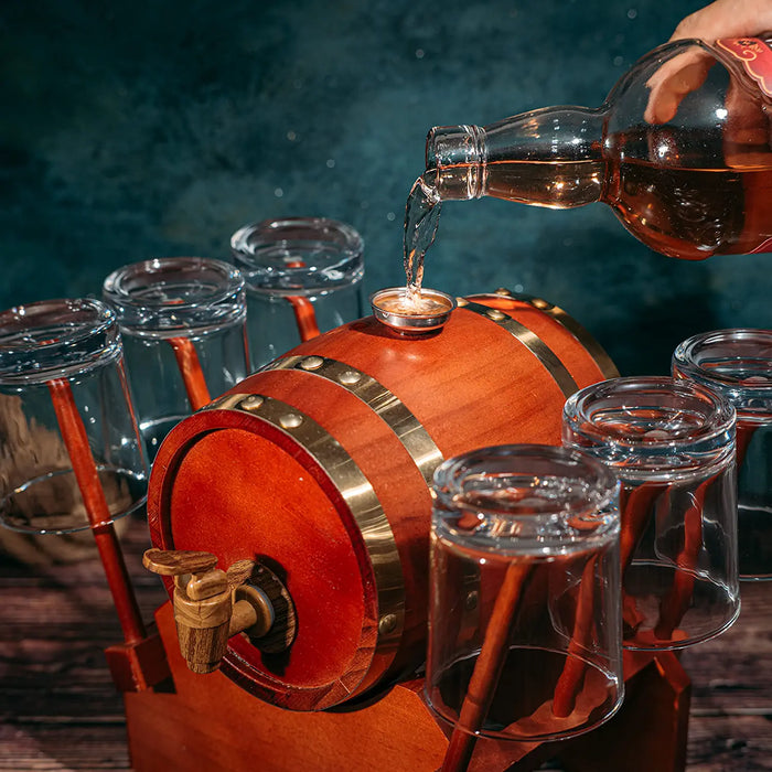 Barrel Decanter with 6 Whiskey Glasses by The Wine Savant - 1000 mL Mahogany Wood Old Fashioned Classic Whiskey Decanter Set, Gifts for Him, Father's Day, Gift Ideas