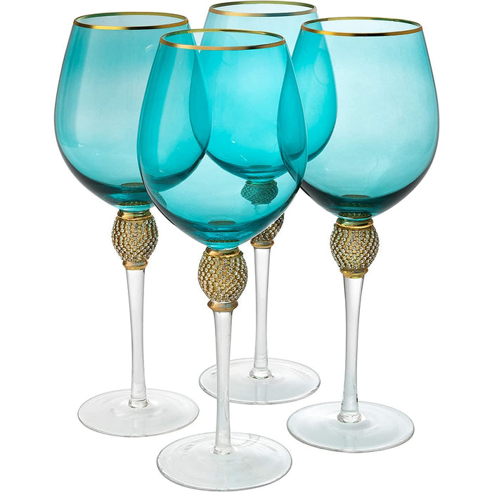 The Wine Savant Large Diamond Wine Glasses, 10" H Gold Rim Rhinestone Diamond Glasses - Wedding Glasses - 18 Ounce, Premium Designed Wine Glasses for Spirits and Wine, Gift Boxed (4, Blue)