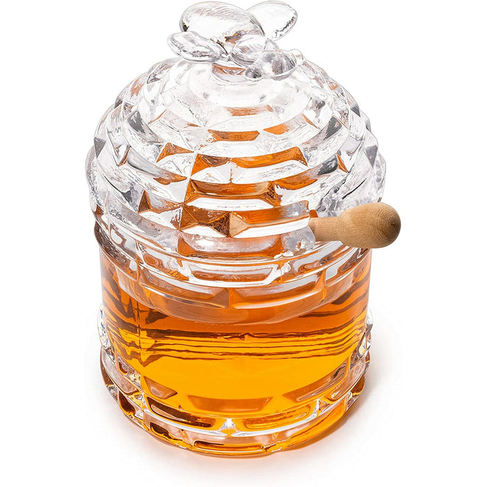 Crystal Bee Honey Dish Jar, Gift 6" - Glass Honey Pot with Dipper and Lid Cover for Home Kitchen Honey and Syrup, Gorgeous Bee Decor Beehive Honey Pot, Great for Jam, Honey, Jelly 14oz