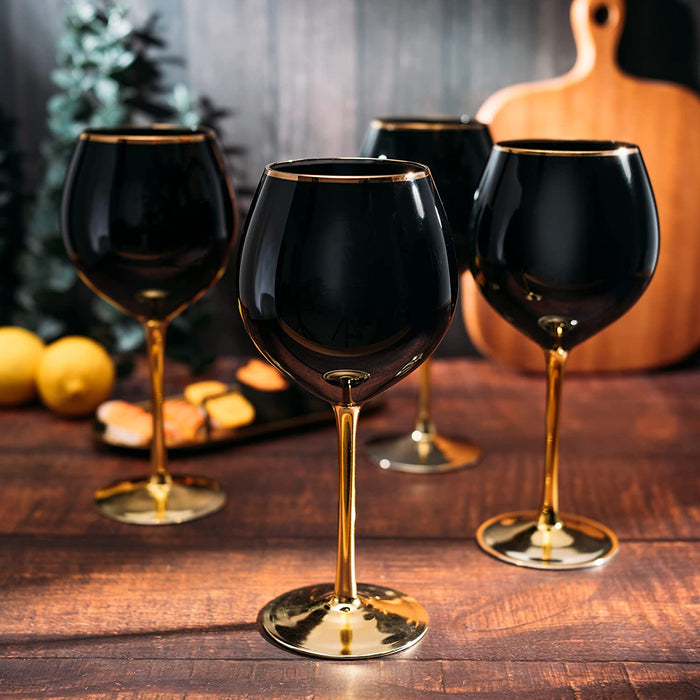 The Wine Savant Set of 4 Black Wine Glasses Gold Stemmed 14 oz