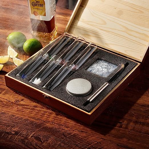 Tequila Shot Glass & Salt Gift Set for Men & Women | Six Agave Shot Glasses, Knife For Limes, One Skull Coaster, One Salt Tin | Skeleton Mahogany Wood Box Package For Tequila, Liquor Lovers