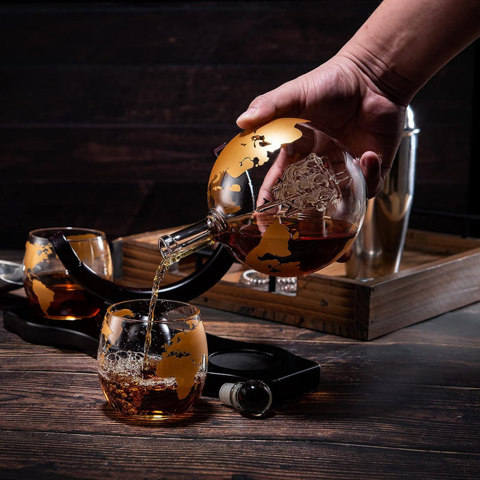 Gold Etched Whiskey Decanter Set Globe with 2 Gold Etched Globe Whisky Glasses - Perfect for a Birthday, Decanter Set for Whiskey, Scotch, Bourbon (27 Oz) (Gold)