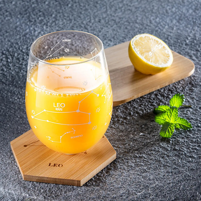 Set of 2 Zodiac Sign Wine Glasses with 2 Wooden Coasters by The Wine Savant - Astrology Drinking Glass Set with Etched Constellation Tumblers for Juice, Water Home Bar Horoscope Gifts 18oz (Leo)