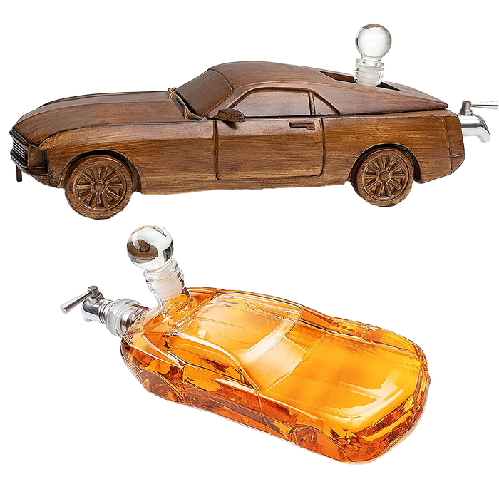 Car Wine & Whiskey Decanter Set 500ml by The Wine Savant 13" L - Wooden Car Figurine, Fastback Car Gifts, Bar Gifts, Parties, Birthdays