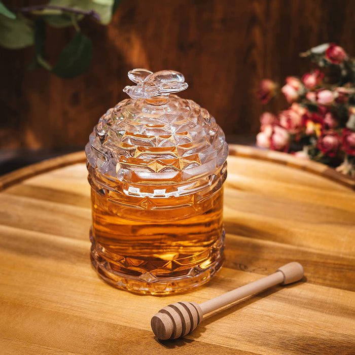 Crystal Bee Honey Dish Jar, Gift 6" - Glass Honey Pot with Dipper and Lid Cover for Home Kitchen Honey and Syrup, Gorgeous Bee Decor Beehive Honey Pot, Great for Jam, Honey, Jelly 14oz