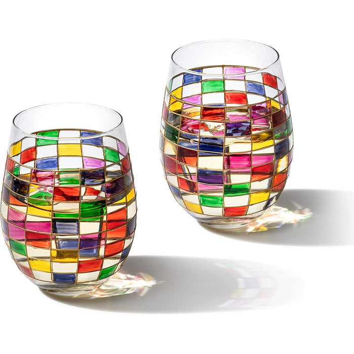 Renaissance Stained Wine Glasses Set of 2 by The Wine Savant - Festive Colorful Coffee Cups, Stained Window, Multicolored, Home Bar Gift, Colored Drinkware, Rainbow Glassware (Stemless)