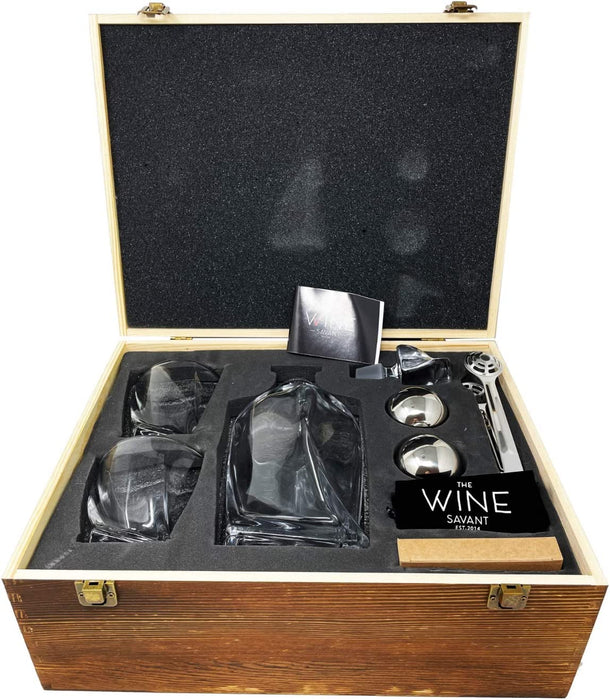 Whiskey Stones & Decanter Gift Set for Men & Women, By The Wine Savant, 2 XL Stainless Steel Whiskey Balls, 2 Twist Glasses, Whiskey Decanter, 2 Coasters, Freezer Pouch & Special Tongs in Pinewood Box