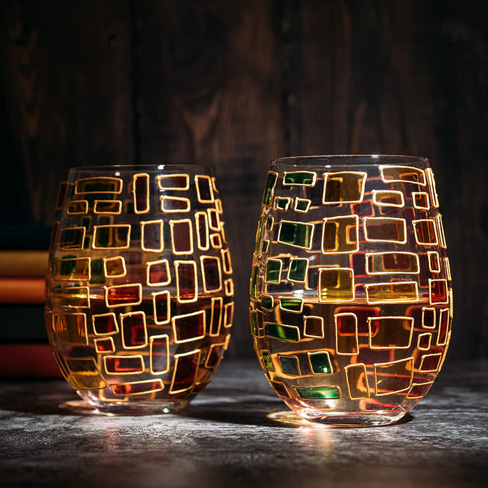 The Wine Savant Renaissance Stained Glass Windows, Artisanal Hand Painted Glassware Gift Idea Her, Him, Birthday, Mom, Housewarming, Gifts Ideas for Women & Men Art Deco (Stemless Wine Glasses)