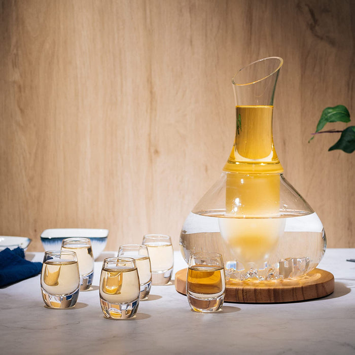 Sake Set Glasses Japanese, 15 Ounce, With 6-1oz Crystal Saki Cups Set, for Warmer or Cold Japanese Wine Drinking with a Wooden Stone Coaster by The Wine Savant, Cups & Carafe Japanese Gifts Set