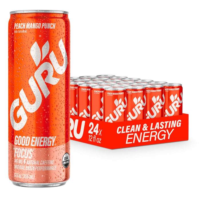 Guru Energy Drink - Organic Peach Mango, 12 oz (24 Pack) - Gluten-Free Energy
