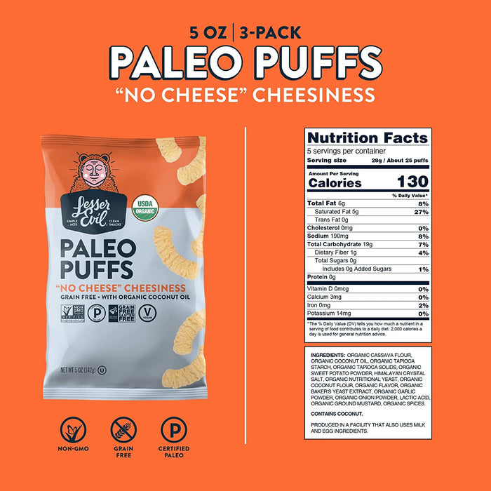 Lesser Evil Paleo Puffs Crunch - No-Cheese Cheesiness (Pack of 9 - 5 Oz.)