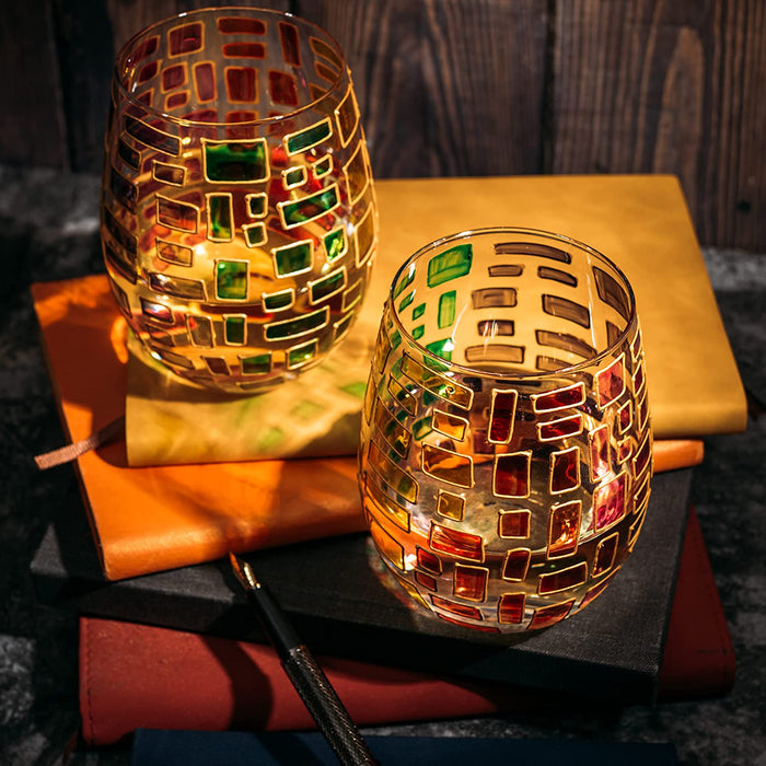 The Wine Savant Renaissance Stained Glass Windows, Artisanal Hand Painted Glassware Gift Idea Her, Him, Birthday, Mom, Housewarming, Gifts Ideas for Women & Men Art Deco (Stemless Wine Glasses)