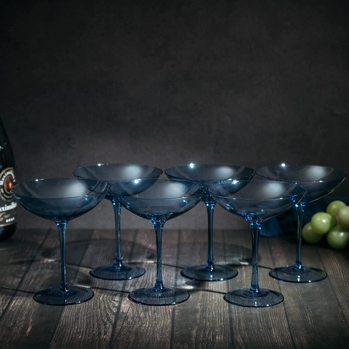 Cobalt Blue Colored Champagne Coupe Glasses 12oz Set of 6 by The Wine Savant - Toasting Glasses, Wedding Party Champagne Cocktail Blue Champagne Colored Glasses Prosecco, Mimosa, Home Bar Glassware