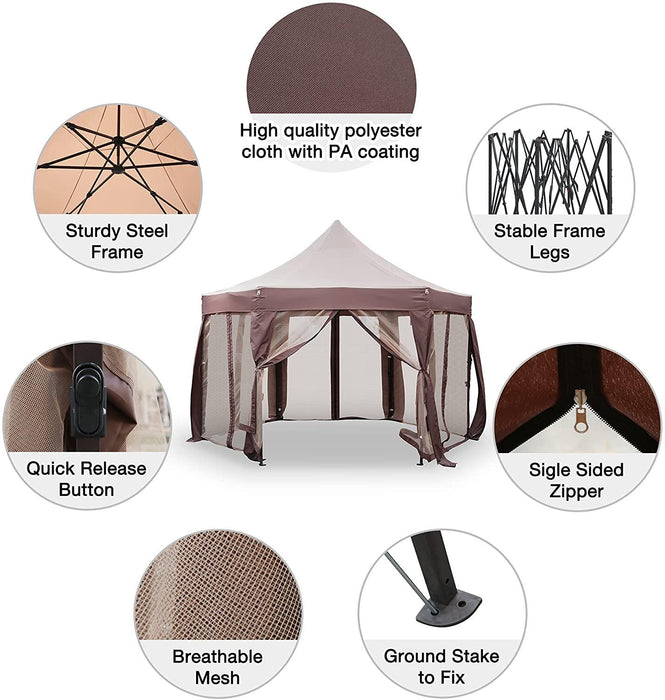 12' X 12' Gazebo with Mosquito Netting Outdoor Hexagonal Pop up Canopy Tent with Strong Iron Frame Storage Bag