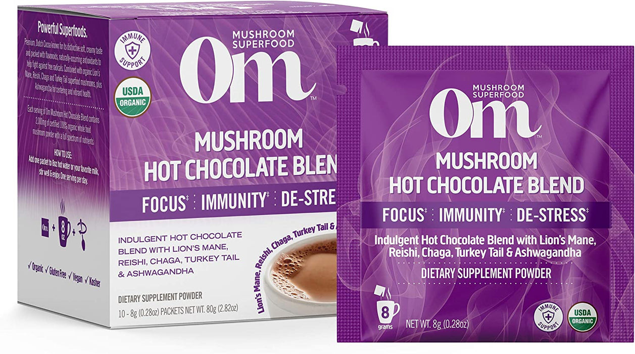Om Mushroom Superfood Hot Chocolate Blend | Single Serve | 10 Count | Lion's Mane, Reishi, Chaga, Turkey Tail