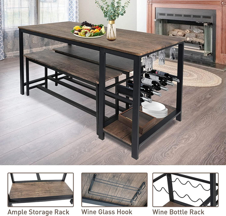 3 Piece Kitchen Table Set with Bench Dining Table Set for 4 Kitchen Dining Room Small Spaces Compact w/Storage Shelf Rack, Wine Rack