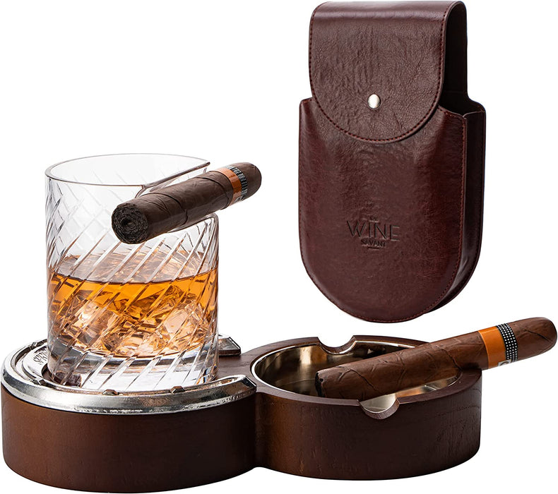 The Wine Savant Luxurious Cigar Glass - In A Leather Horseshoe Storage Case Whiskey Glassware with Cigar Holder - 10oz Cigar Holder Whiskey, Ash Tray - Dad, Men Home Office, Leather Gifts