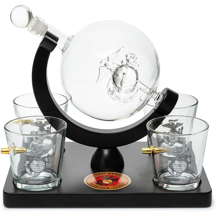 Marine Decanter Set With Four 3 oz Shot Glasses 1000ml Marines Gift Decanter by The Wine Savant - Marine Gifts, Army Gifts, Veteran Gifts