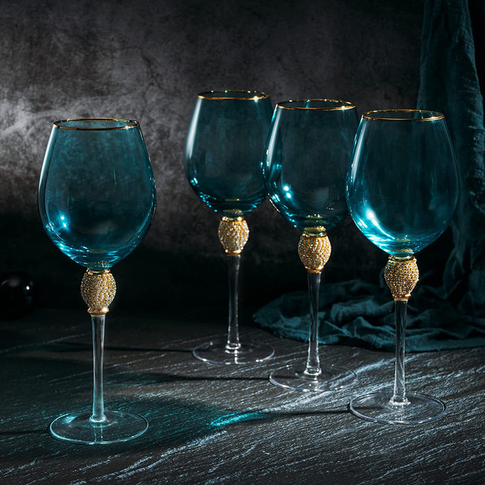 The Wine Savant Large Diamond Wine Glasses, 10" H Gold Rim Rhinestone Diamond Glasses - Wedding Glasses - 18 Ounce, Premium Designed Wine Glasses for Spirits and Wine, Gift Boxed (4, Blue)