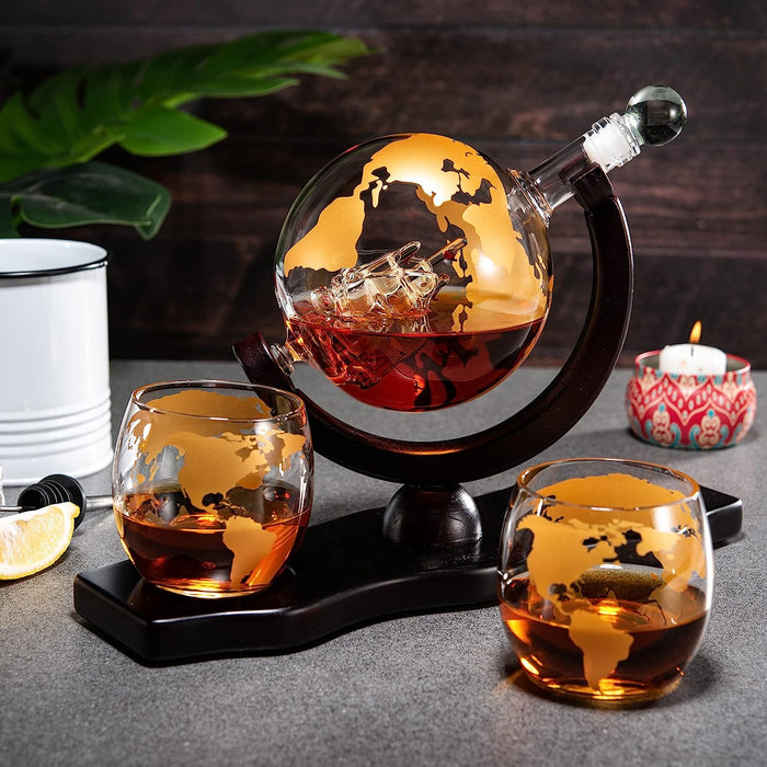 Gold Etched Whiskey Decanter Set Globe with 2 Gold Etched Globe Whisky Glasses - Perfect for a Birthday, Decanter Set for Whiskey, Scotch, Bourbon (27 Oz) (Gold)