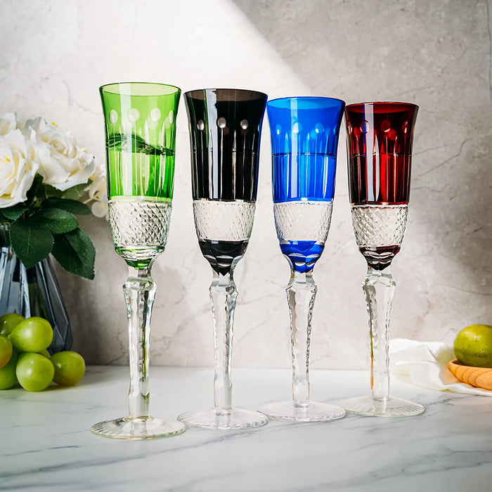 The Wine Savant Crystal Italian Multicolor Design Flutes - 4 Set - 5oz 9" H Cocktail & Champagne Glassware Bohemian Venetian Style Red, Blue, Green, Black Glasses, Dinners Parties, Bars & Weddings