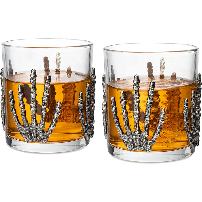 The Wine Savant Skeleton Hand Wine Glass Set of 2 10 oz Glasses 5" H, Goth Gifts, Skeleton Gifts, Skeleton Decor, Spooky Glass Gift Set, Goth Decor, Unique Themed Parties
