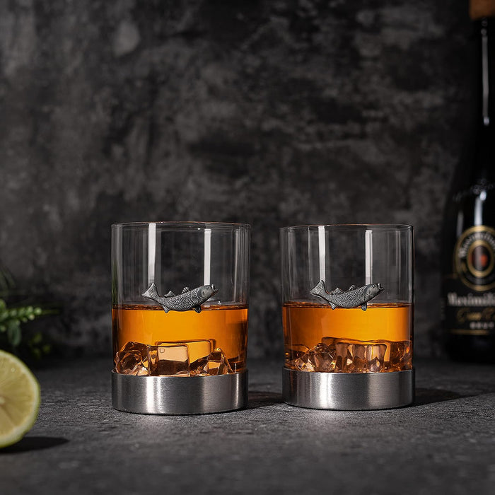 Fish Whiskey, Wine & Water Glasses Set of 2, Double Tumbler Trout Fishing Set - Fisherman Gifts, Old Fashioned Whiskey, Rum, Brandy, Scotch Glasses, Fathers Day 11 OZ, Gifts for Men, Dad