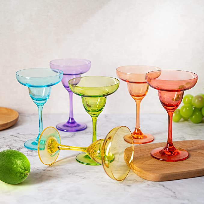 The Wine Savant Hand Blown Colorful Margarita & Martini Glass (Set of 6) – Fancy 7.4oz Luxury Hand Blown For Cocktails, Water, Wine, Juice, & Champagne Glasses Cinco de Mayo Large Party, Set of 6