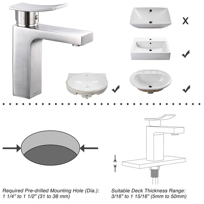 Aquaterior Bathroom Faucet Single Hole Square 1-Handle Cold Hot 7.5"H