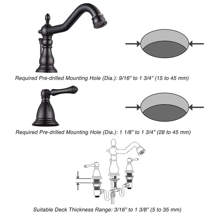 Aquaterior Widespread Faucet w/ Drain 3-Hole 2-Handle Cold Hot 6"H