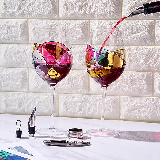 Painted STEMMED wine glass box set - opener, stopper, drip ring, wine pourer - 2 glasses