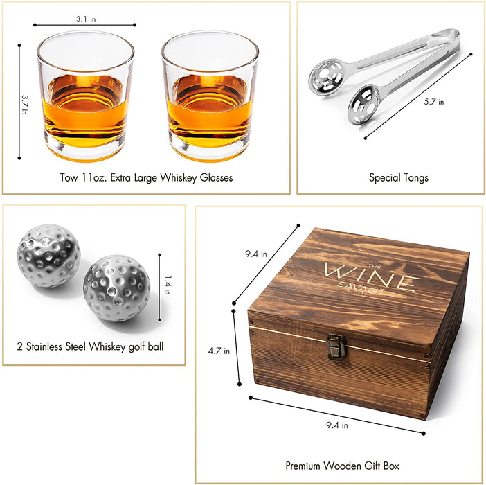 Luxurious Bar Gift Set - Golf Whiskey Glasses - Golf Ball Chillers - Tongs - Set in Premium Wood Box by The Wine Savant - Unique Whiskey Glass Set - Golf Gifts, Golfer Gifts, Gifts for Golf Lovers