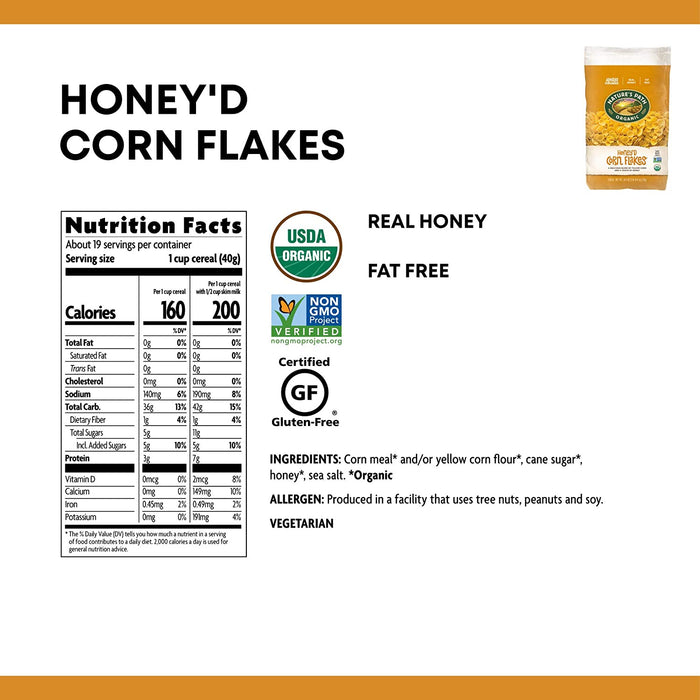 Nature's Path Organic Honey'd Corn Flakes, 6 x 26.4 Oz. - Sweetened with Honey