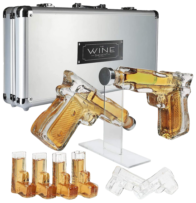 Pistol Whiskey Gun Decanter & Pistol Shot Glasses Set - Comes with A large Carrying Case - Drinking Party Accessories, Great Gift