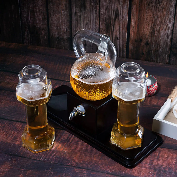 Kettlebell & Dumbbell Beer, Whiskey & Wine Dispenser Set, 40 OZ Decanter & 26 OZ Glasses - Great Weightlifting Gift, Coach, Deadlifting Powerlifting - Pourer with Spigot Mahogany Wooden Base Gym Gifts for Dad