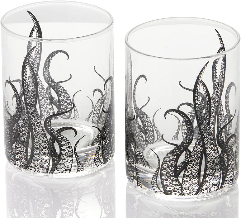 Octopus Tentacle Whiskey Glassware | Set of 2 | 9 OZ Handmade Craft Beer, Cocktail, Water, Bar Rock Glass - Kraken Tumbler Gift Set, Old Fashioned Rocks Glasses, Antique Design Extraordinary Detail