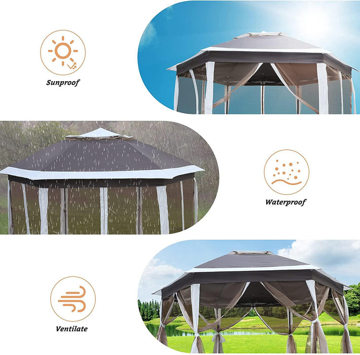 12Ft Outdoor Metal Patio Pop-Up Gazebo with Mesh Nettings for Parties and Outdoor Activities